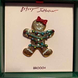 Betsey Johnson Festive Gingerbread Brooch with Red Bow